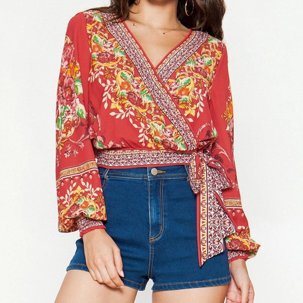 Flying Tomato Red Baroque Rose Crop Top | V Neck Surplice Smocked Back Side Sash